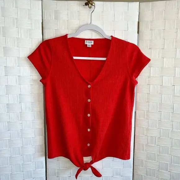 J Crew Cotton Button Down Tie Front Short Sleeve Shirt Red Women’s Size XXS - Picture 3 of 9